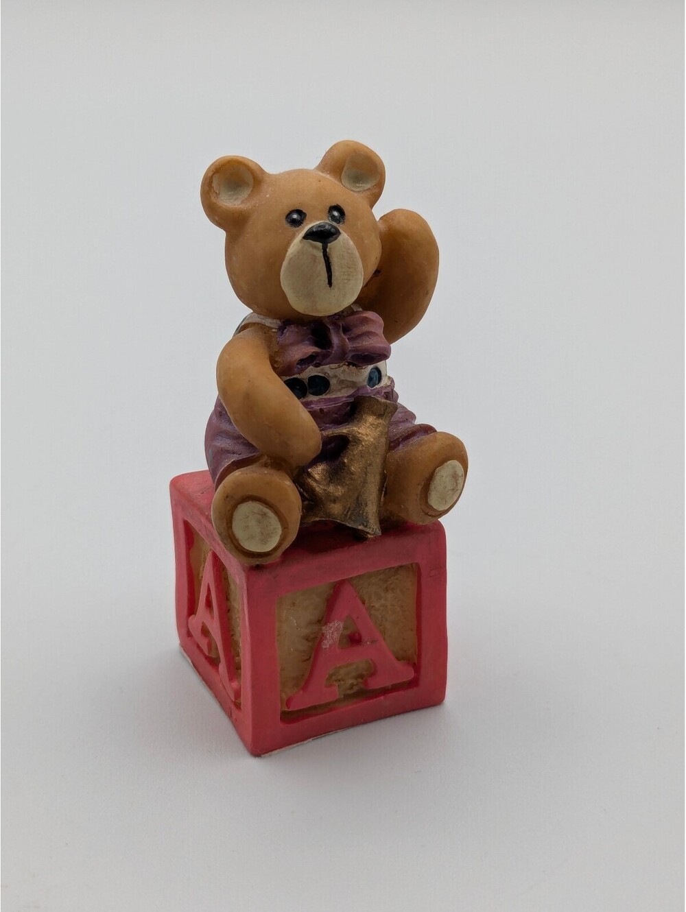 Ganz Teddy Bear Miniature Figurine Pink ABC Letter A Block Vintage Collectible